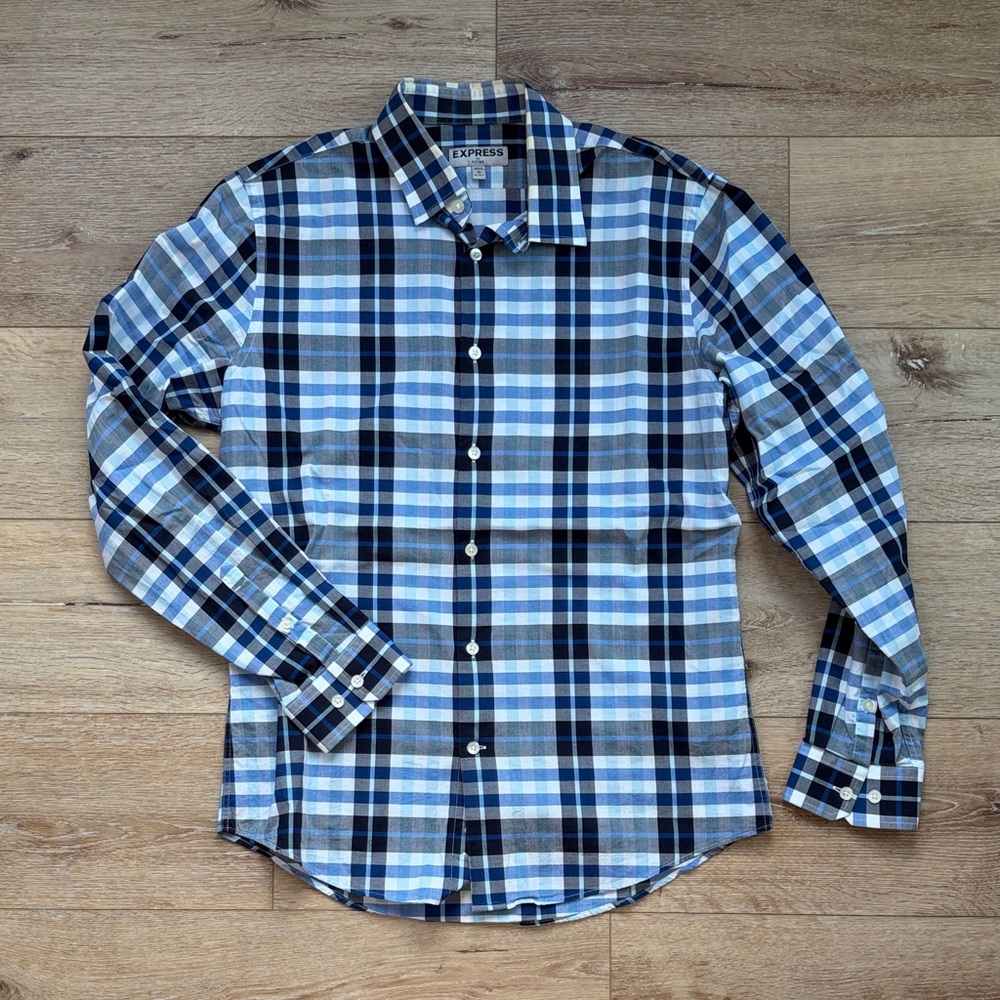 Express Men's Multi-Blue Plaid Button Down Shirt
